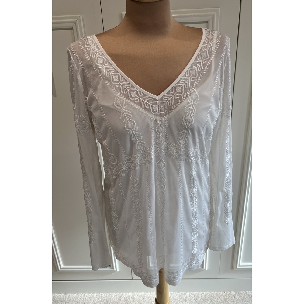 WHBM White Mesh Embroidered Lined Tunic Top Ethereal‎ Pure Angelic Peasant Boho